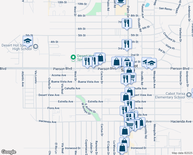 map of restaurants, bars, coffee shops, grocery stores, and more near 66212 Buena Vista Avenue in Desert Hot Springs