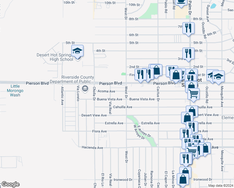 map of restaurants, bars, coffee shops, grocery stores, and more near 65940 Buena Vista Avenue in Desert Hot Springs