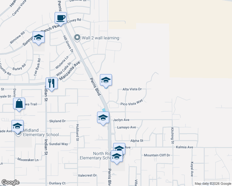 map of restaurants, bars, coffee shops, grocery stores, and more near 11094 Mountain Crest Drive in Moreno Valley