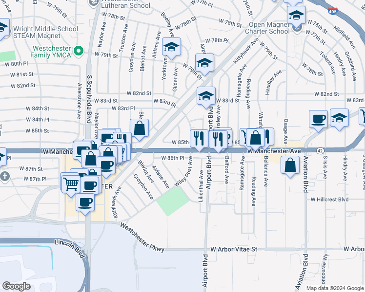 map of restaurants, bars, coffee shops, grocery stores, and more near 5956 West 85th Place in Los Angeles