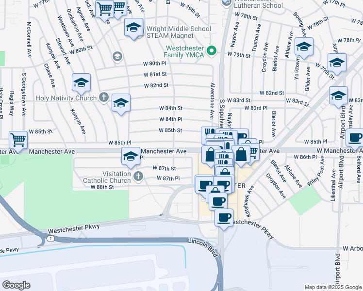 map of restaurants, bars, coffee shops, grocery stores, and more near 6406 West 85th Place in Los Angeles