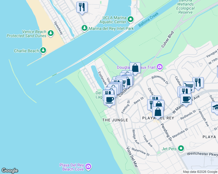 map of restaurants, bars, coffee shops, grocery stores, and more near 6661 Vista Del Mar in Los Angeles