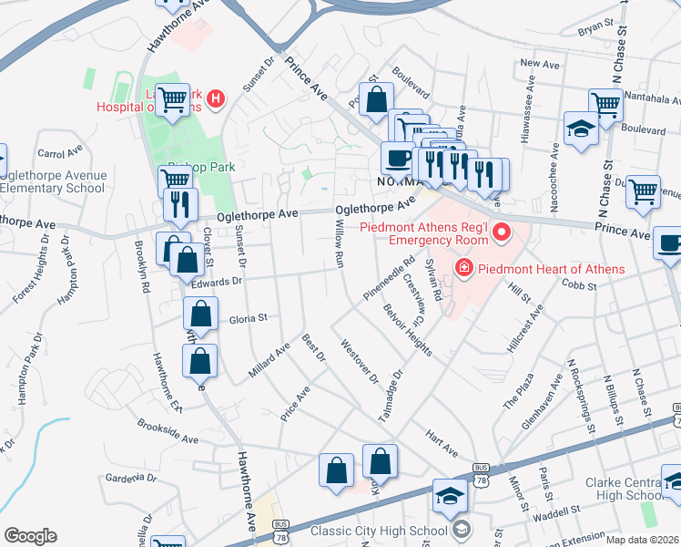 map of restaurants, bars, coffee shops, grocery stores, and more near 115 Edwards Circle in Athens