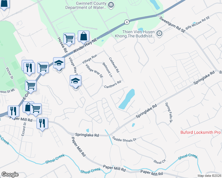 map of restaurants, bars, coffee shops, grocery stores, and more near 531 Carithers Road in Lawrenceville