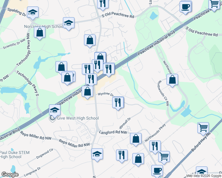 map of restaurants, bars, coffee shops, grocery stores, and more near 5369 Monarch Pine Lane in Norcross