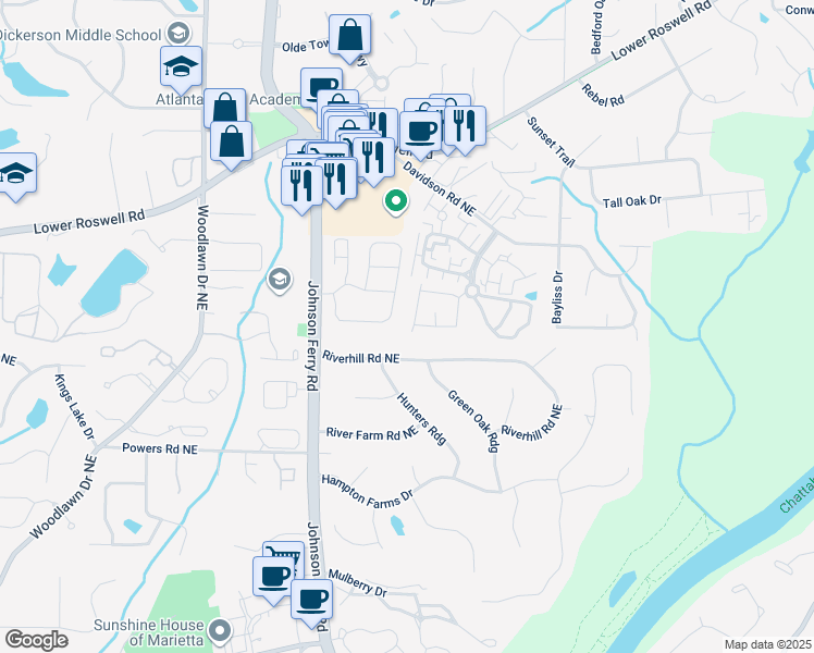 map of restaurants, bars, coffee shops, grocery stores, and more near 5014 Meadow Lane in Marietta