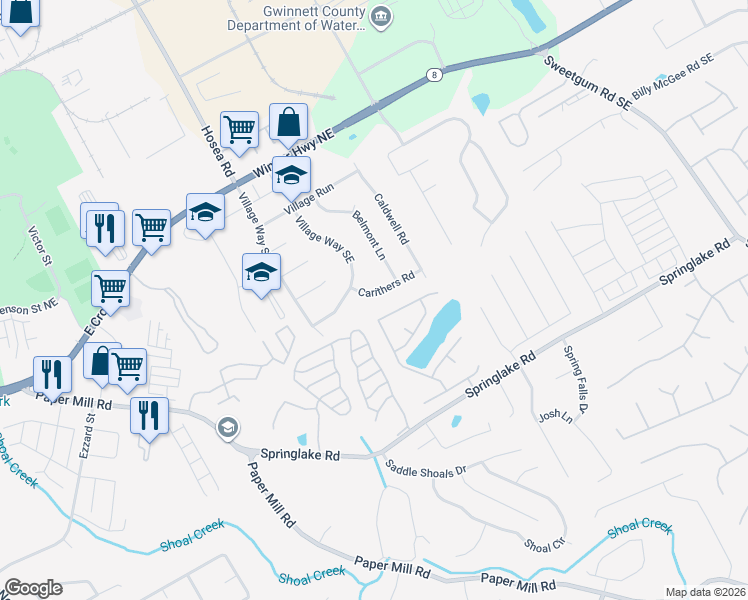 map of restaurants, bars, coffee shops, grocery stores, and more near 521 Carithers Road in Lawrenceville