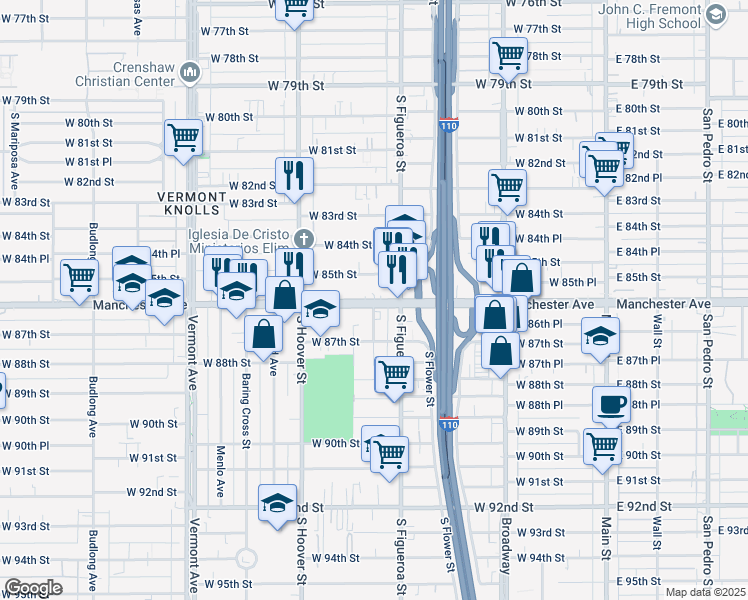 map of restaurants, bars, coffee shops, grocery stores, and more near 529 1/2 West Manchester Avenue in Los Angeles