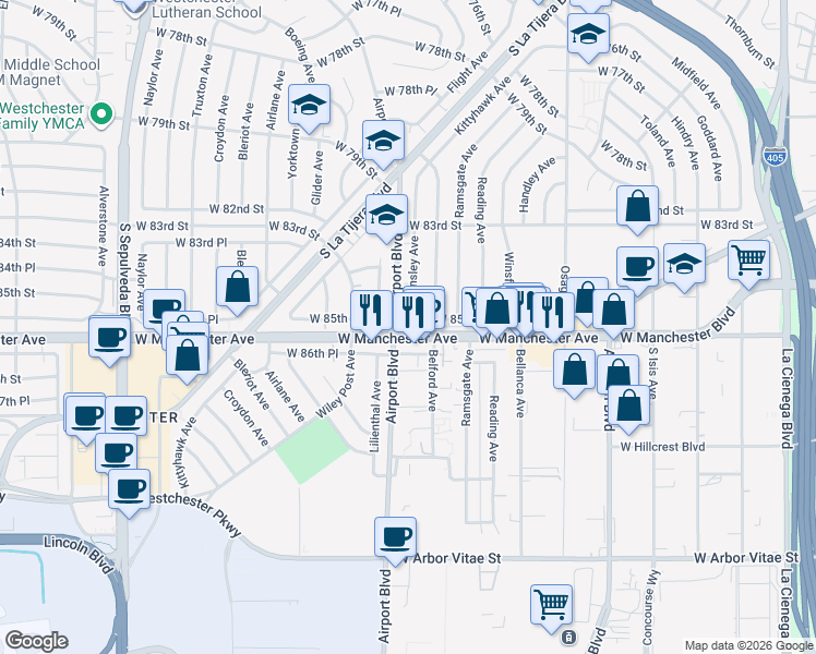 map of restaurants, bars, coffee shops, grocery stores, and more near 8536 Barnsley Avenue in Los Angeles