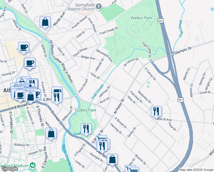 map of restaurants, bars, coffee shops, grocery stores, and more near 175 Herman Street in Athens