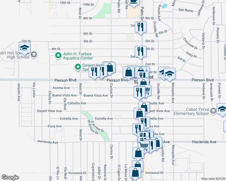 map of restaurants, bars, coffee shops, grocery stores, and more near 12340 Cactus Drive in Desert Hot Springs