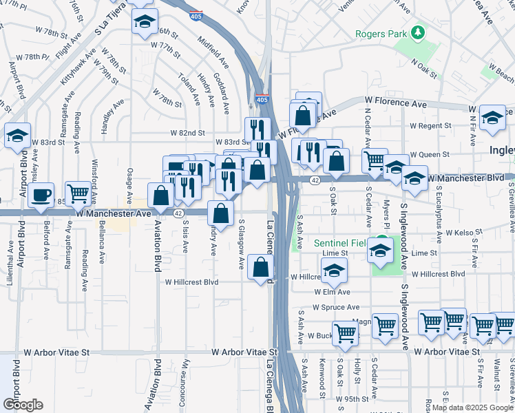 map of restaurants, bars, coffee shops, grocery stores, and more near 827 West Olive Street in Inglewood