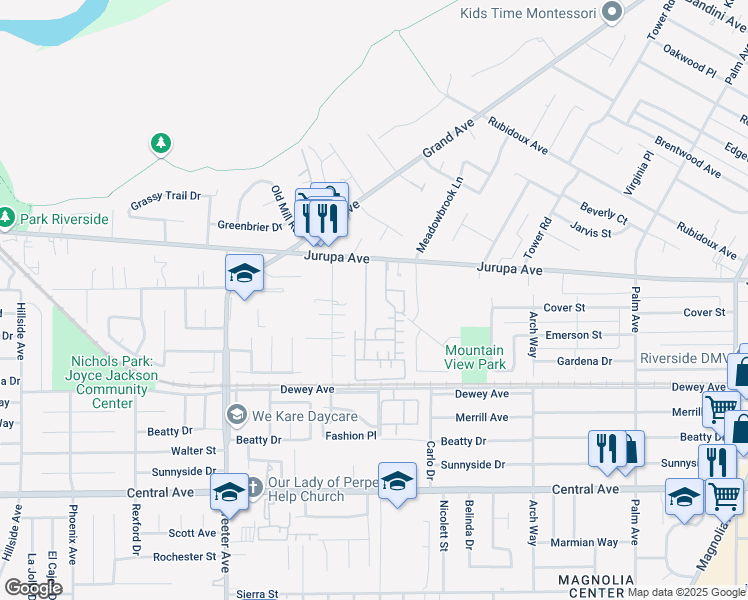 map of restaurants, bars, coffee shops, grocery stores, and more near 6104 Correll Street in Riverside