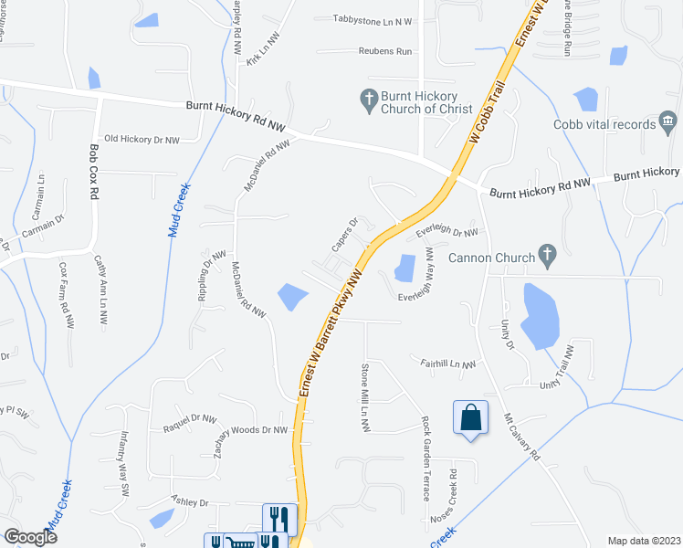 map of restaurants, bars, coffee shops, grocery stores, and more near 260 Hemphill Lane in Marietta