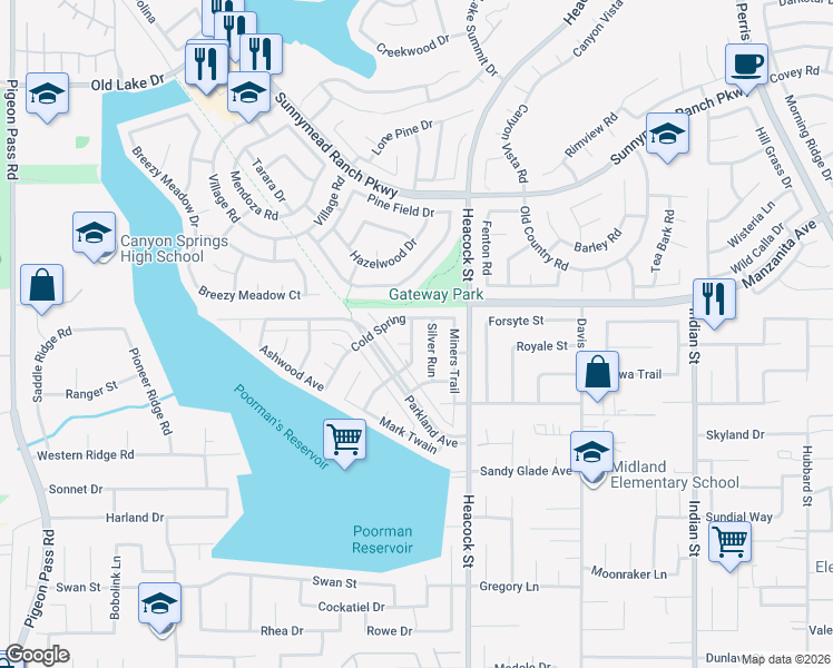 map of restaurants, bars, coffee shops, grocery stores, and more near 11068 Sultan Street in Moreno Valley