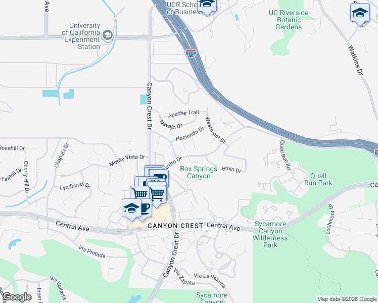 map of restaurants, bars, coffee shops, grocery stores, and more near 5145 Evergreen Way in Riverside