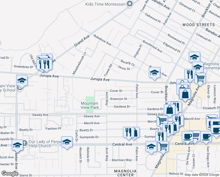 map of restaurants, bars, coffee shops, grocery stores, and more near 4681 Cover Street in Riverside
