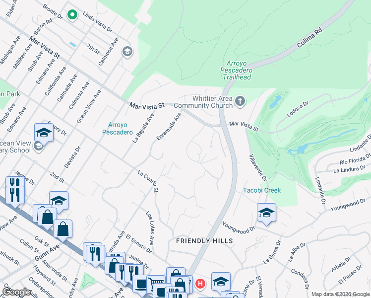 map of restaurants, bars, coffee shops, grocery stores, and more near 8318 La Sierra Avenue in Whittier