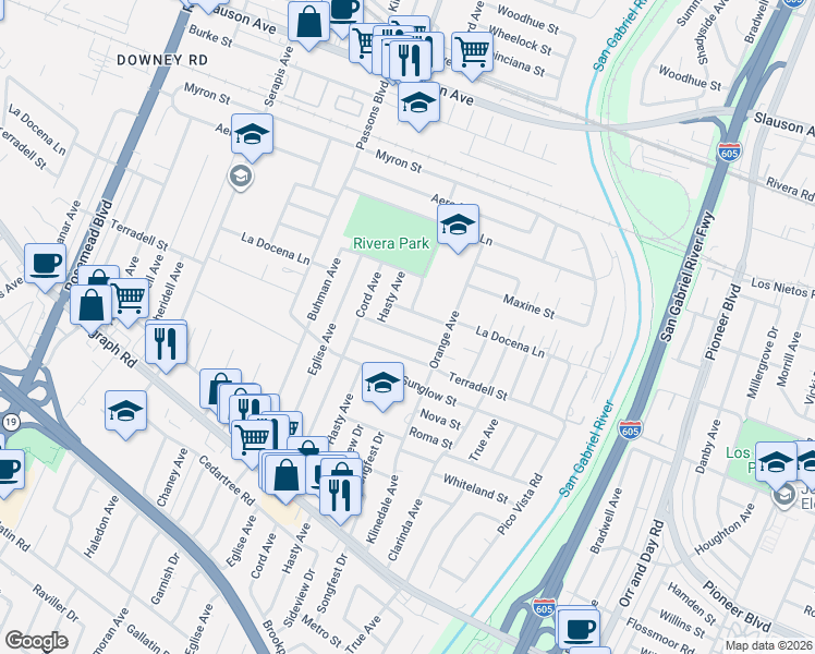 map of restaurants, bars, coffee shops, grocery stores, and more near 9603 Charlesworth Road in Pico Rivera