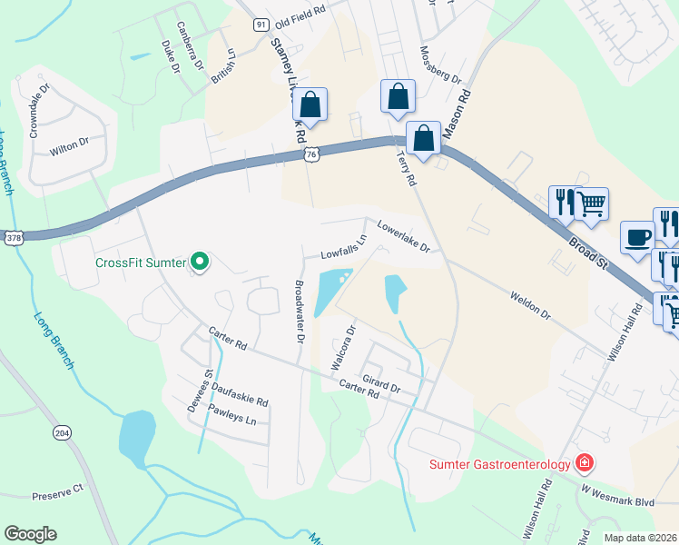 map of restaurants, bars, coffee shops, grocery stores, and more near 3115-3199 Wateroak Lane in Sumter