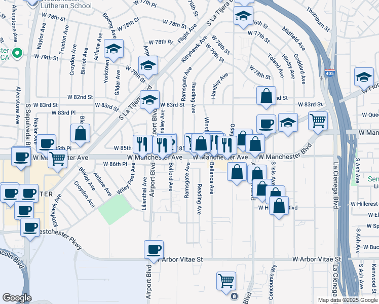 map of restaurants, bars, coffee shops, grocery stores, and more near 5764 West 85th Place in Los Angeles
