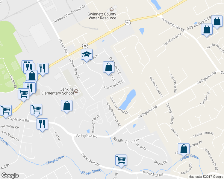 map of restaurants, bars, coffee shops, grocery stores, and more near 531 Carithers Road in Lawrenceville