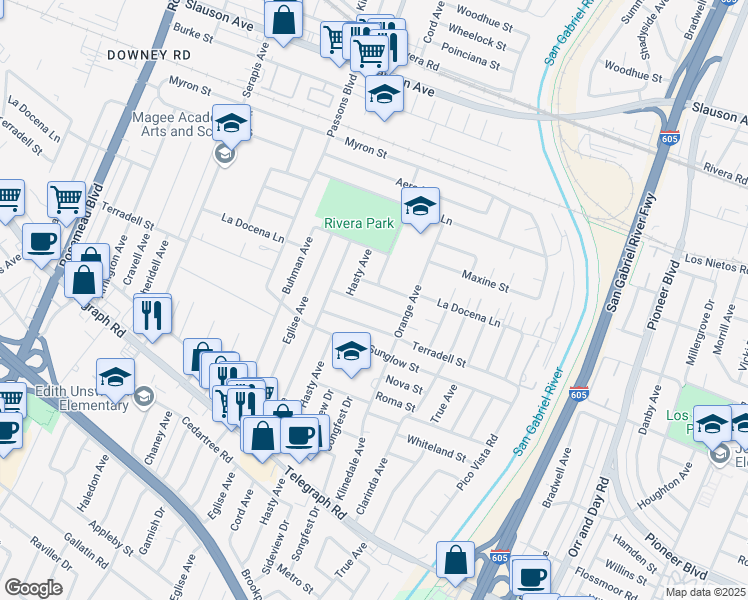 map of restaurants, bars, coffee shops, grocery stores, and more near 9603 Charlesworth Road in Pico Rivera