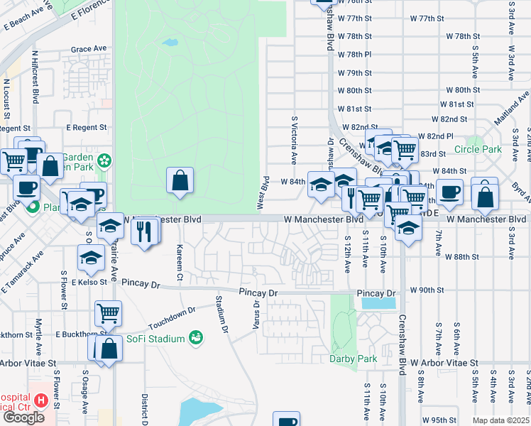 map of restaurants, bars, coffee shops, grocery stores, and more near 3569 West Manchester Boulevard in Inglewood