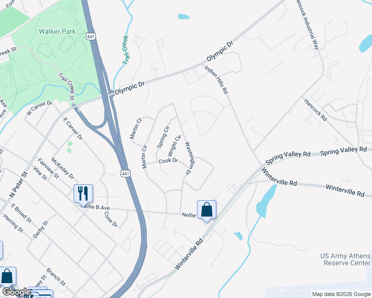 map of restaurants, bars, coffee shops, grocery stores, and more near 345-355 Washington Drive in Athens