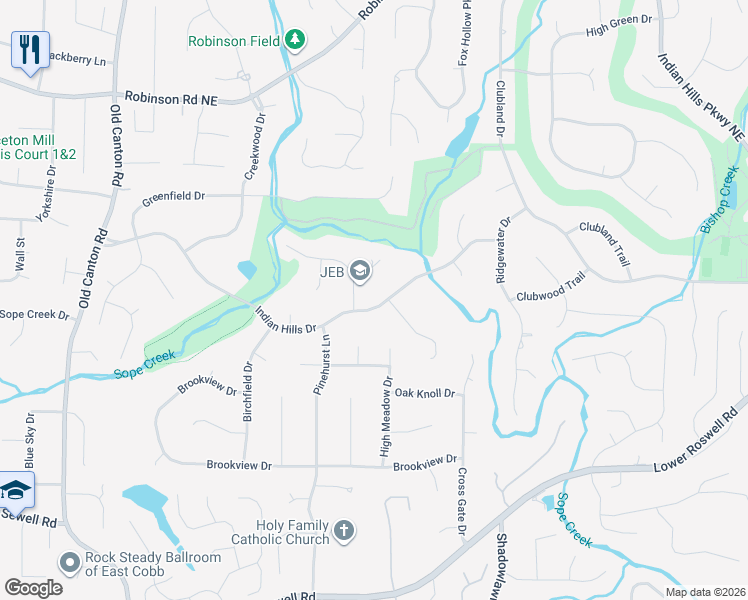 map of restaurants, bars, coffee shops, grocery stores, and more near 3445 Indian Hills Drive in Marietta