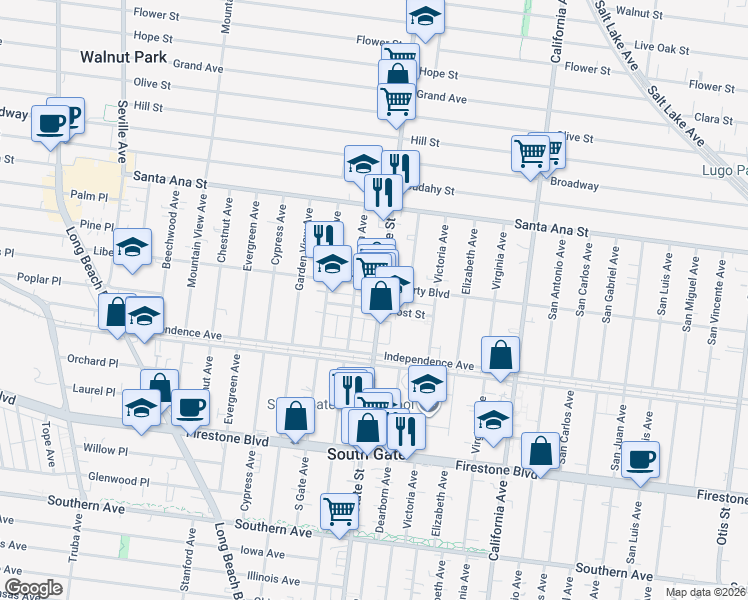 map of restaurants, bars, coffee shops, grocery stores, and more near 3215 Post Street in South Gate
