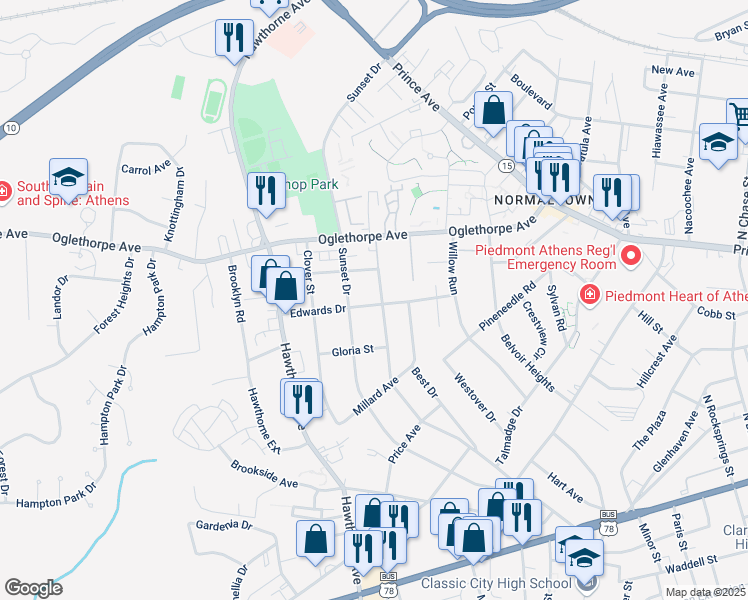 map of restaurants, bars, coffee shops, grocery stores, and more near 595 Holman Avenue in Athens