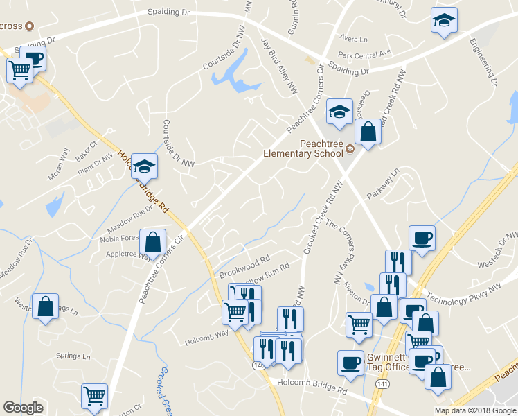 map of restaurants, bars, coffee shops, grocery stores, and more near 6135 Mountcreek Place Northwest in Norcross