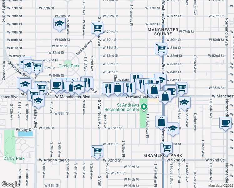 map of restaurants, bars, coffee shops, grocery stores, and more near 8516 Cimarron Street in Los Angeles