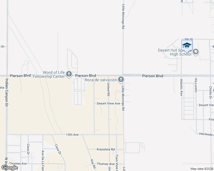 map of restaurants, bars, coffee shops, grocery stores, and more near 12163 United Road in Desert Hot Springs