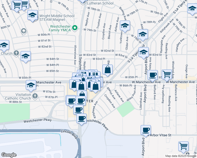 map of restaurants, bars, coffee shops, grocery stores, and more near 6148 West 85th Place in Los Angeles