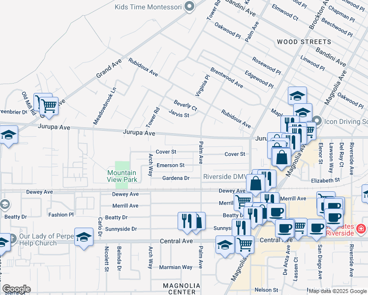 map of restaurants, bars, coffee shops, grocery stores, and more near 4561 Cover Street in Riverside