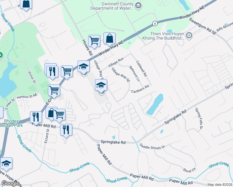 map of restaurants, bars, coffee shops, grocery stores, and more near 247 Village Way Southeast in Lawrenceville