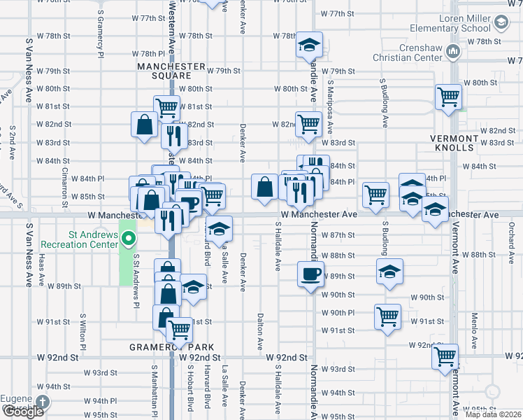 map of restaurants, bars, coffee shops, grocery stores, and more near 1529 West Manchester Avenue in Los Angeles