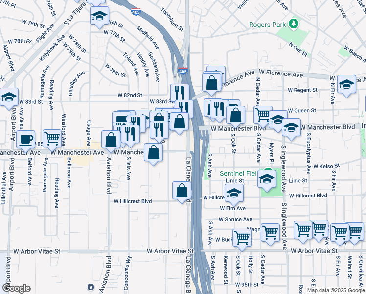 map of restaurants, bars, coffee shops, grocery stores, and more near 827 West Olive Street in Inglewood