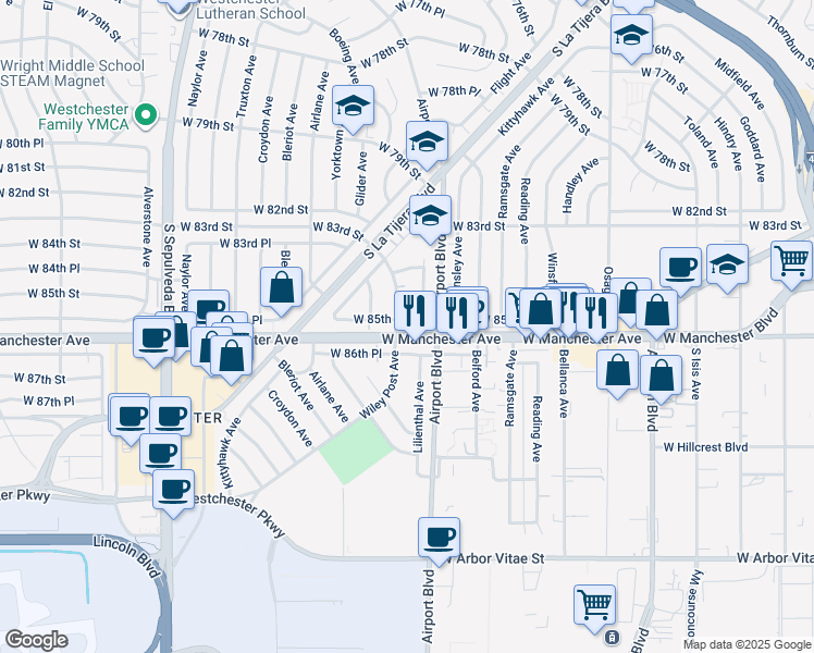 map of restaurants, bars, coffee shops, grocery stores, and more near 5926 West 85th Place in Los Angeles