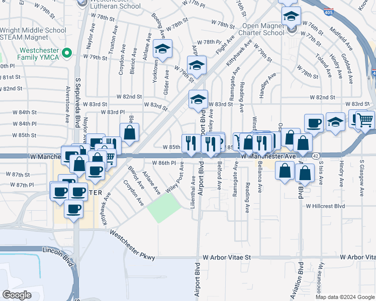 map of restaurants, bars, coffee shops, grocery stores, and more near 5926 West 85th Place in Los Angeles