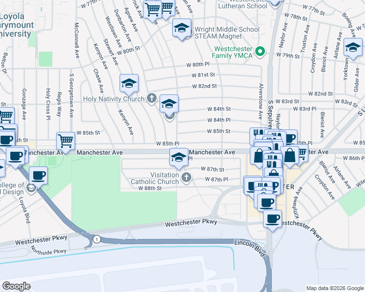map of restaurants, bars, coffee shops, grocery stores, and more near 6566 West 85th Place in Los Angeles