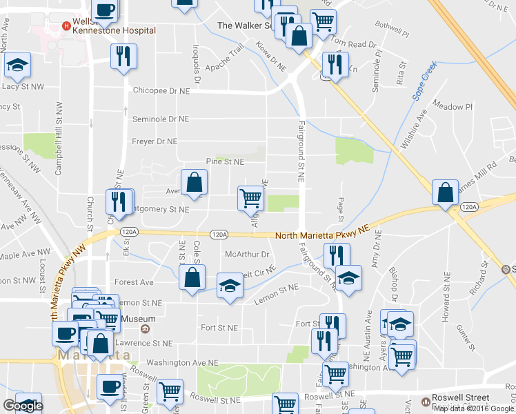 map of restaurants, bars, coffee shops, grocery stores, and more near 358 Allgood Road in Marietta