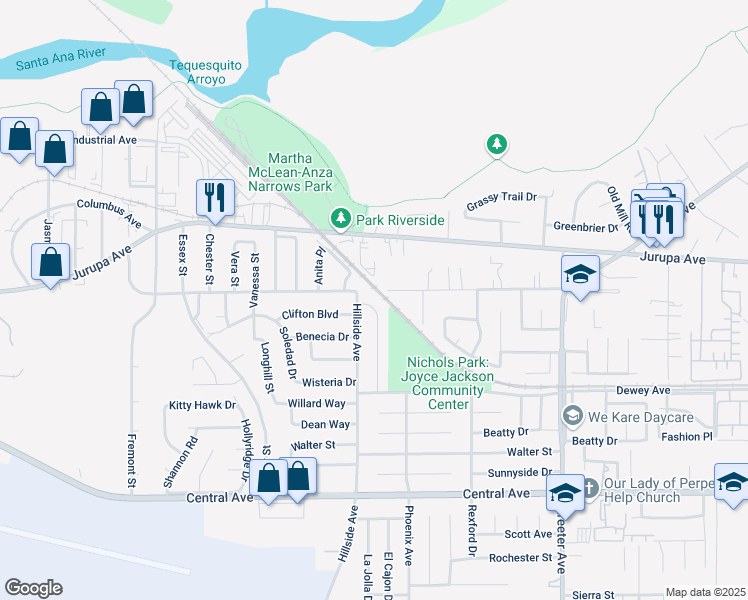 map of restaurants, bars, coffee shops, grocery stores, and more near 6140 Antioch Avenue in Riverside