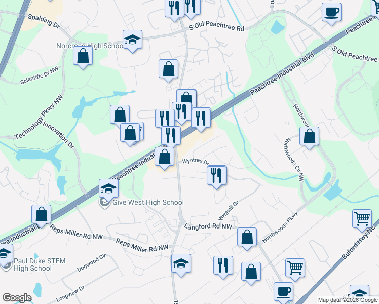 map of restaurants, bars, coffee shops, grocery stores, and more near 5375 Wyntree Court in Norcross