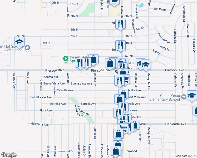 map of restaurants, bars, coffee shops, grocery stores, and more near 66283 Acoma Avenue in Desert Hot Springs