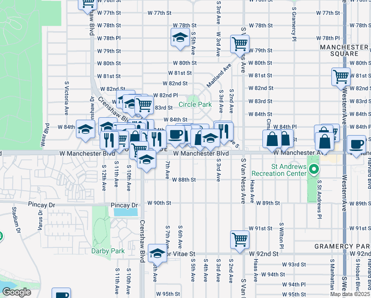 map of restaurants, bars, coffee shops, grocery stores, and more near 2635 West Manchester Boulevard in Inglewood