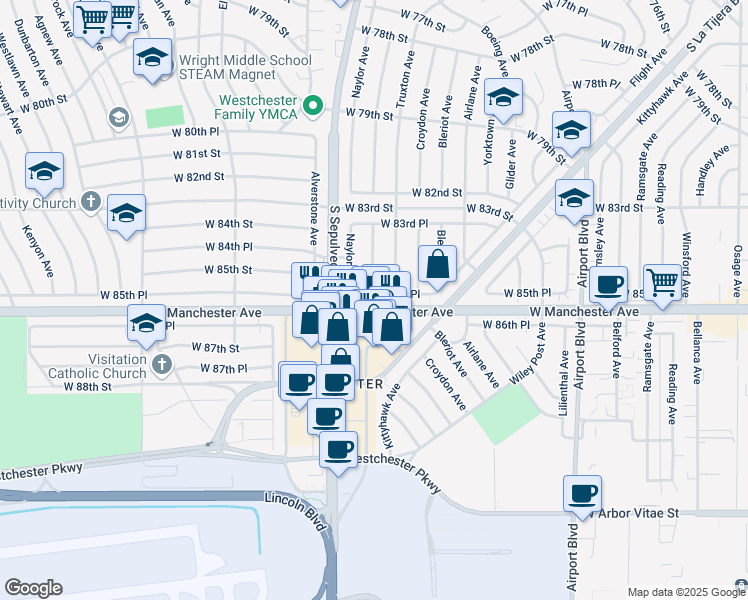 map of restaurants, bars, coffee shops, grocery stores, and more near 6242 West 85th Place in Los Angeles