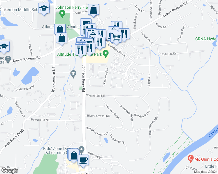 map of restaurants, bars, coffee shops, grocery stores, and more near 4994 Meadow Lane in Marietta